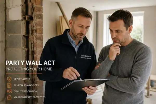 Party wall surveyor Wath-upon-Dearne discussing extension plans with homeowner outside a UK semi-detached house.